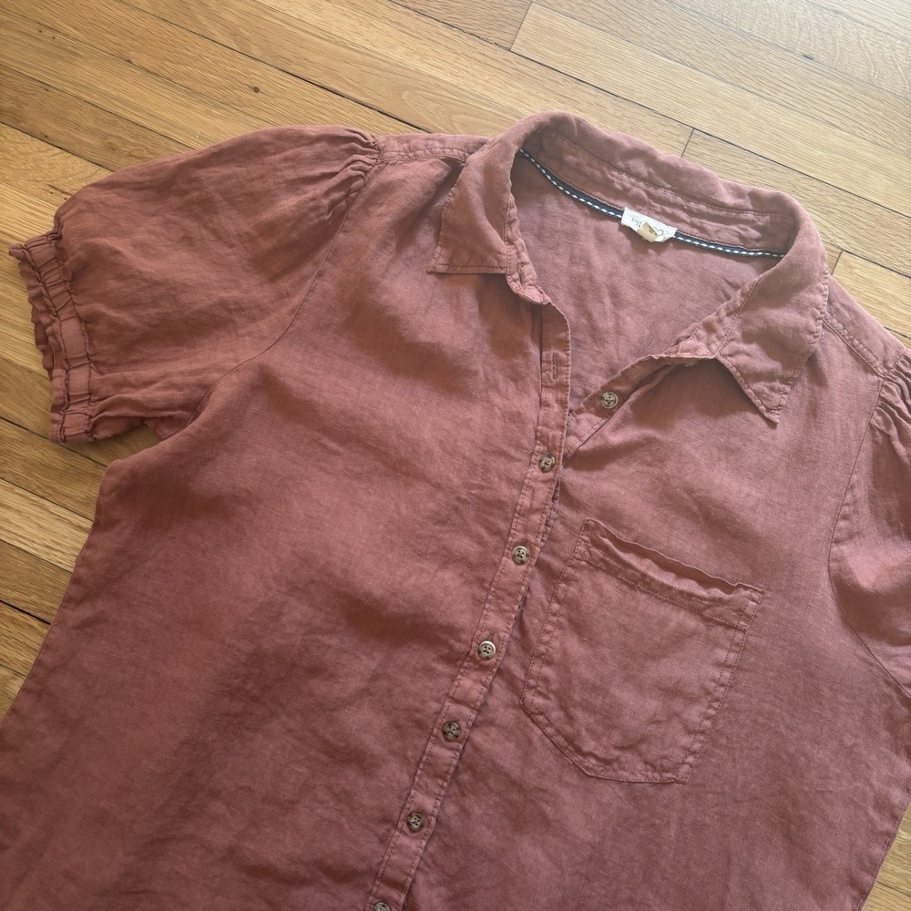 Pilcro 100% Linen Button Up Puff Sleeve Blouse Women's L Rust Lagenlook Ruffle - Picture 8 of 8